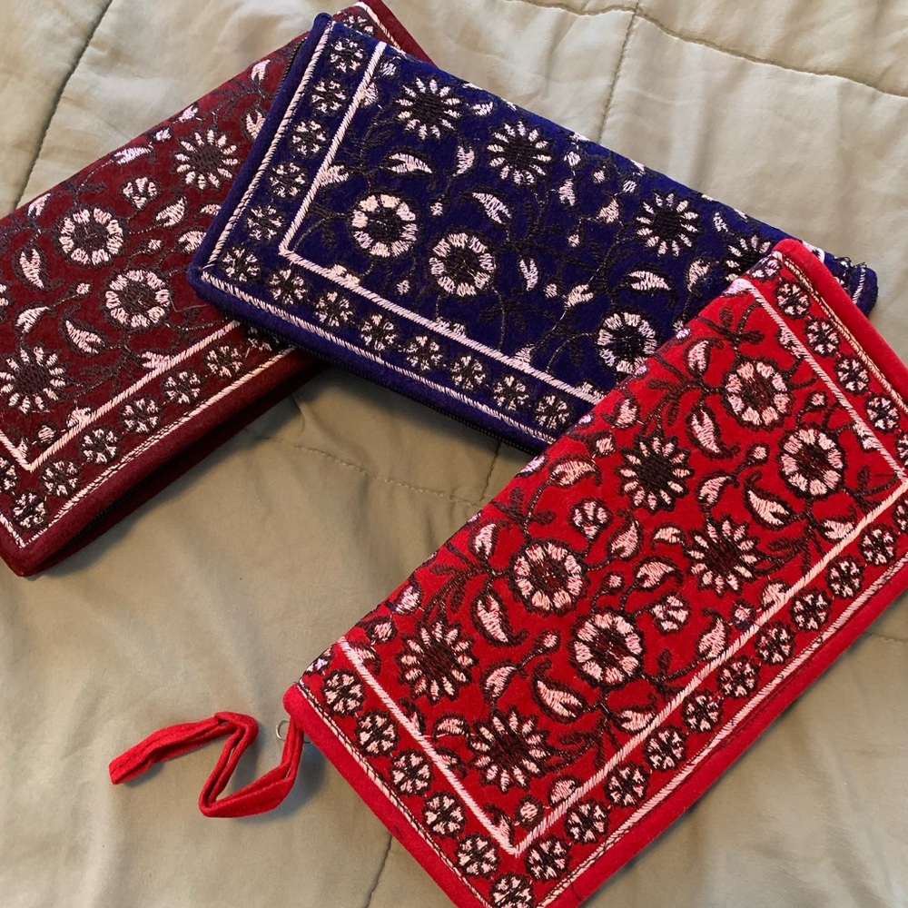 New velvet hand embroidered clutch( blue &burgundy